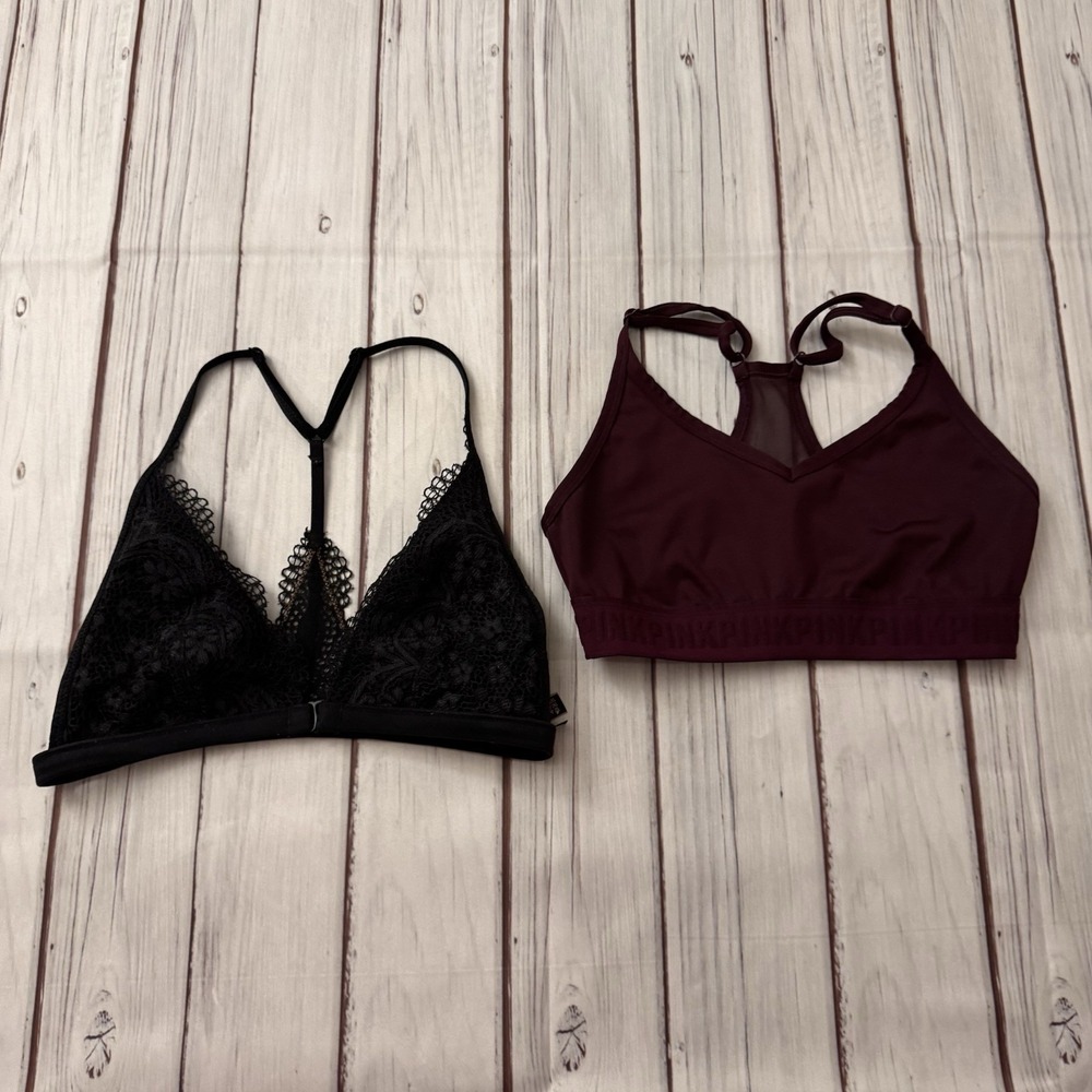 Victoria Secret &‎ PINK Bralette Lot Lace Black + Maroon Ultimate Sports Bra S